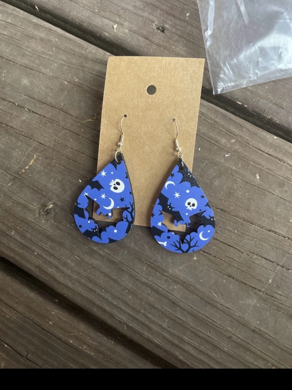Blue Halloween Teardrop Kids Earrings - Ghost & Bat Design